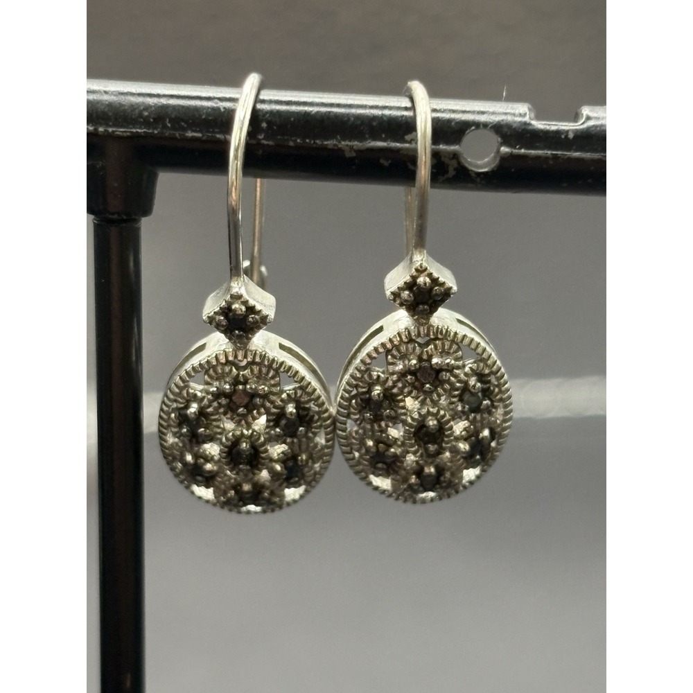 Vintage Sterling Silver Genuine Black Diamond Dangle Earrings 925 H25
